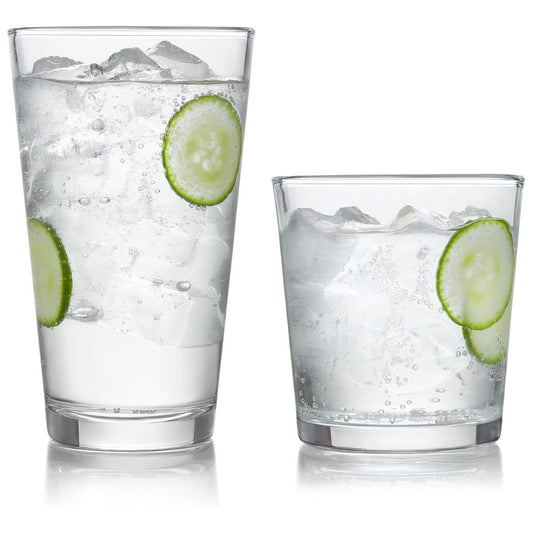 Libbey Preston Tumbler & Rocks Drinking Glasses Set of 16 | Clear All-Purpose Glassware Set with 8 Tall Tumblers (16 oz) & 8 Rocks Glasses (13 oz) | Wide-Rim Lead-Free Drinkware for Water, Juice, Cocktails & More